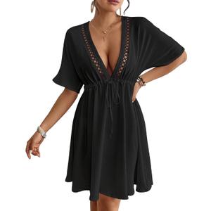 Eddoyee Wome's Swimsuit Coverup V Neck Hollow Out Beach Bathing Suit Flowy Swim Coverup Mini Dress (Large, Black)