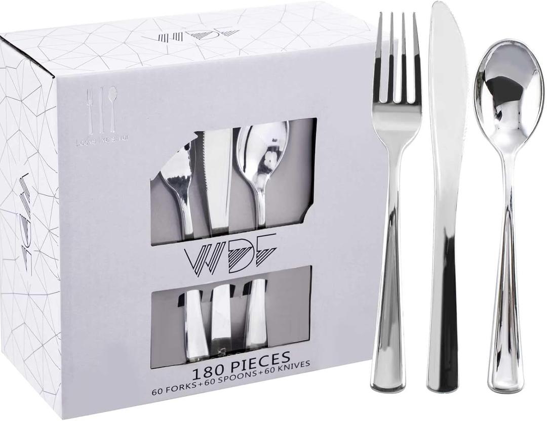 WDF 180 Pieces Silver Plastic Silverware - Silver Plastic Cutlery - Fancy Plastic Silverware Heavy Duty - 60 Forks 60 Knives 60 Spoons - Disposable Plastic Utensils Perfect for Party/Wedding/Christmas