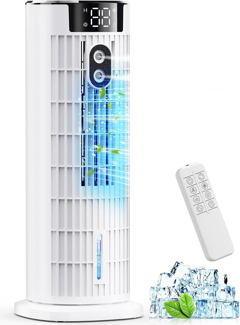 Portable Air Conditioners, 4 in 1 Evaporative Air Cooler, 1000ML Tower Fan with Remote, 3 Wind Speeds&Turbo Mode, 25ft/s, 2 Cool Mist,10H Timer, 90° Oscillation Portable AC for Home, Office(White)