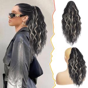 BARSDAR 18 Inch Claw Clip Highlight Ponytail Extension Thick Soft Wavy Curly Clips in Ponytail Hairpieces for Women Natural Looking Synthetic Claw Clip Hair Extensions Black Mix Blonde