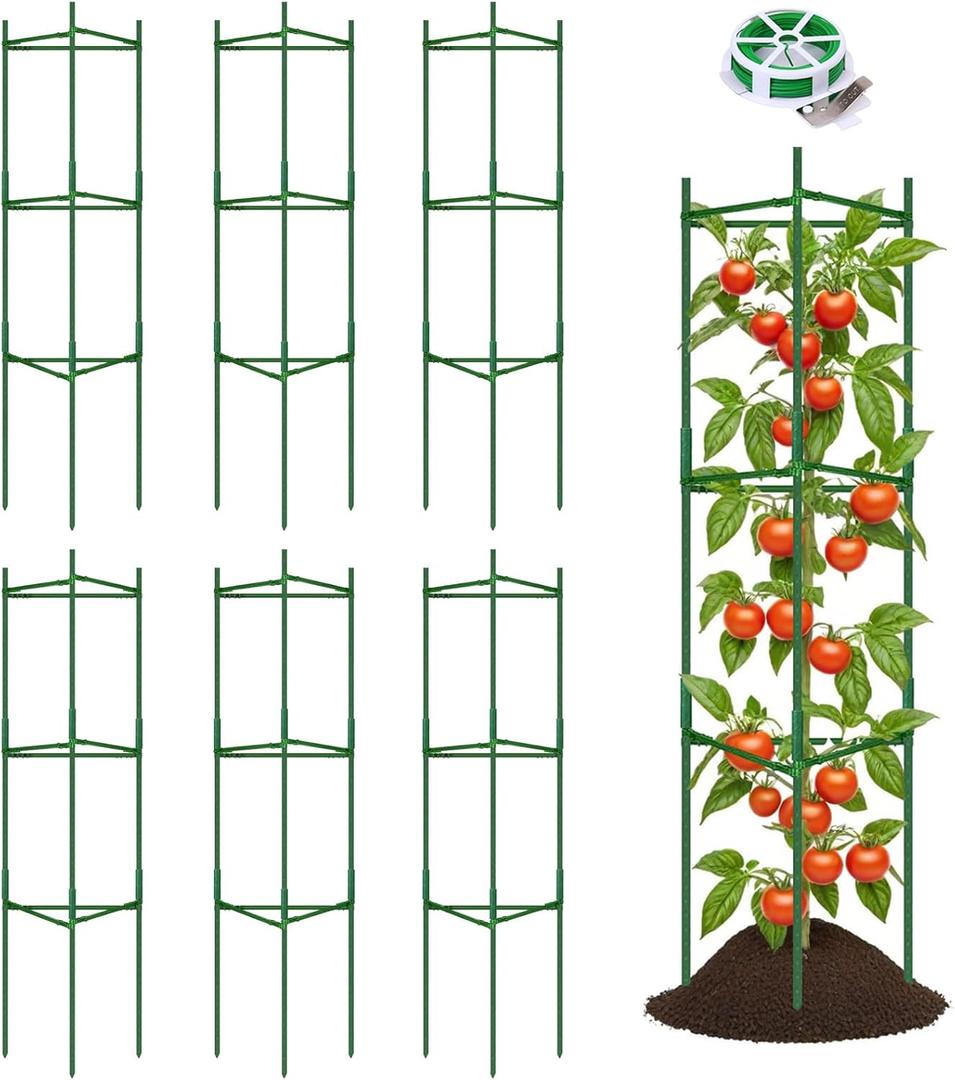 6 Pack Tomato Cages for Garden Plant Support, Up to 48Inch Tomato Trellis Assembled Garden Stakes, Plant Trellis with 66Ft Twist Tie, Fit Vertical Climbing Plants, Vegetables, Flowers