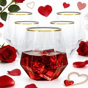 Goodluck 40 PCS Diamond Stemless Plastic Whiskey Glasses, 12 Oz Disposable Cocktail Glasses, Suitable for Weddings, Birthday Parties, Family Gatherings, Bars, etc Gold rimmed cups (Clear and Gold)