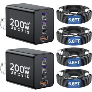 2 Pack 200W USB C Charger Block, Foldable 4Port GaN5 Super Fast Charger USB C, Dual 65W Type C Charging Block, Laptop Fast Charging Adapter for MacBook Pro/Air, iPad, iPhone, Samsung Galaxy Black
