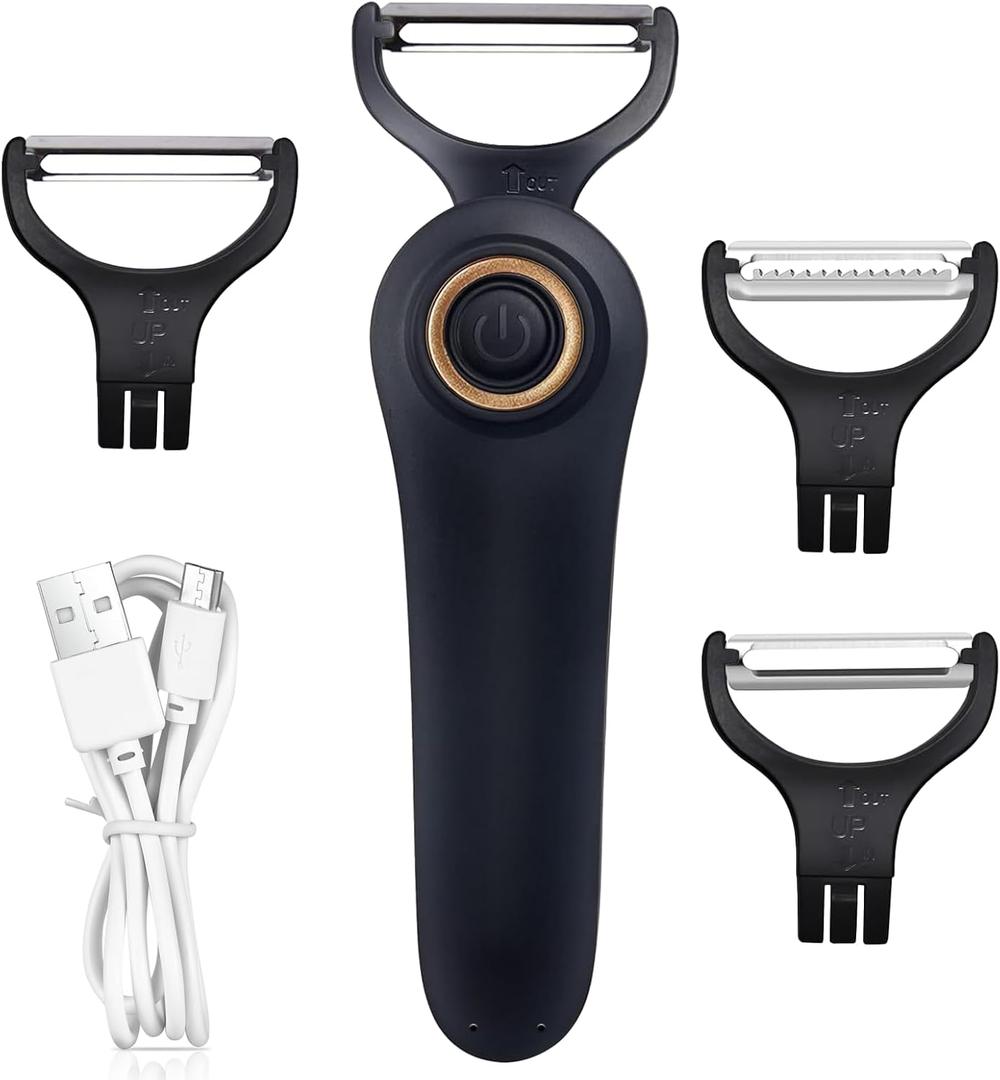 Electric Potato Peeler, Handheld Electric Vegetables and Fruit Peeler 3-in-1 Pro Set, USB Rechargeable Kitchen Gadgets for Apples, Potato, Carrots, Cucumber (Black)