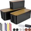 3 Pack Cable Management Box with 18 PCS Cable Management Set - Large & Medium & Small Wooden Grain Cable Organizer Box to Hide Wires & Power Strips | TV Cord Organizer Box | for Home & Office(Black)