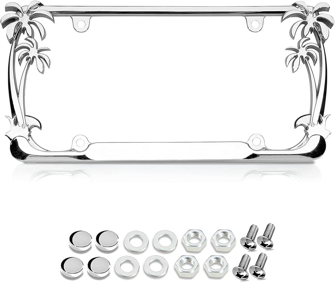 Premium 3D Palm Tree Chrome License Plate Frame with 4 Silver Screw Caps, Street Legal Universal Fit for Cars & Trucks, Heavy Duty Rust-Free Zinc Palm Trees Chrome License Plate Frame for Women & Men