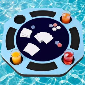 Silipull Floating Game Table for Pool 17.8''x17.8'' Drink Holder EVA Foam Floating Tray with Cup Holders Card Slots for Drinks Snacks Cards Games for Pool Beach Hot Tub Lake