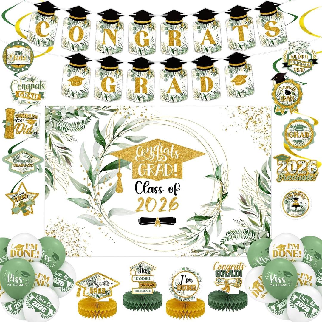 HunnmingRe 34 Pcs Greenery Graduation Decorations Sage Green Leaves Green Gold Class of 2026 Backdrop Congrats Grad Banner Balloons Streamers Kit for High School College Grad Party Supplies