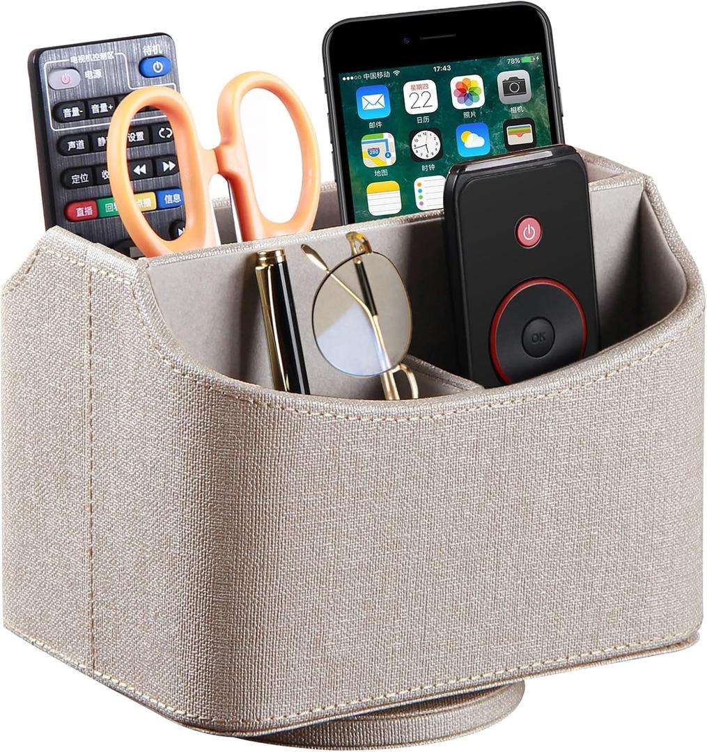 PUSU Leather 360Rotatable Remote Control Holder,Nightstand TV Remote Caddy,Office Supplies Desktop Organizer,Spinning Storage Box for Pen,Mail,Phone,DVD, Blu-Ray, Media Player, Heater Controllers (A Elegant Beige)