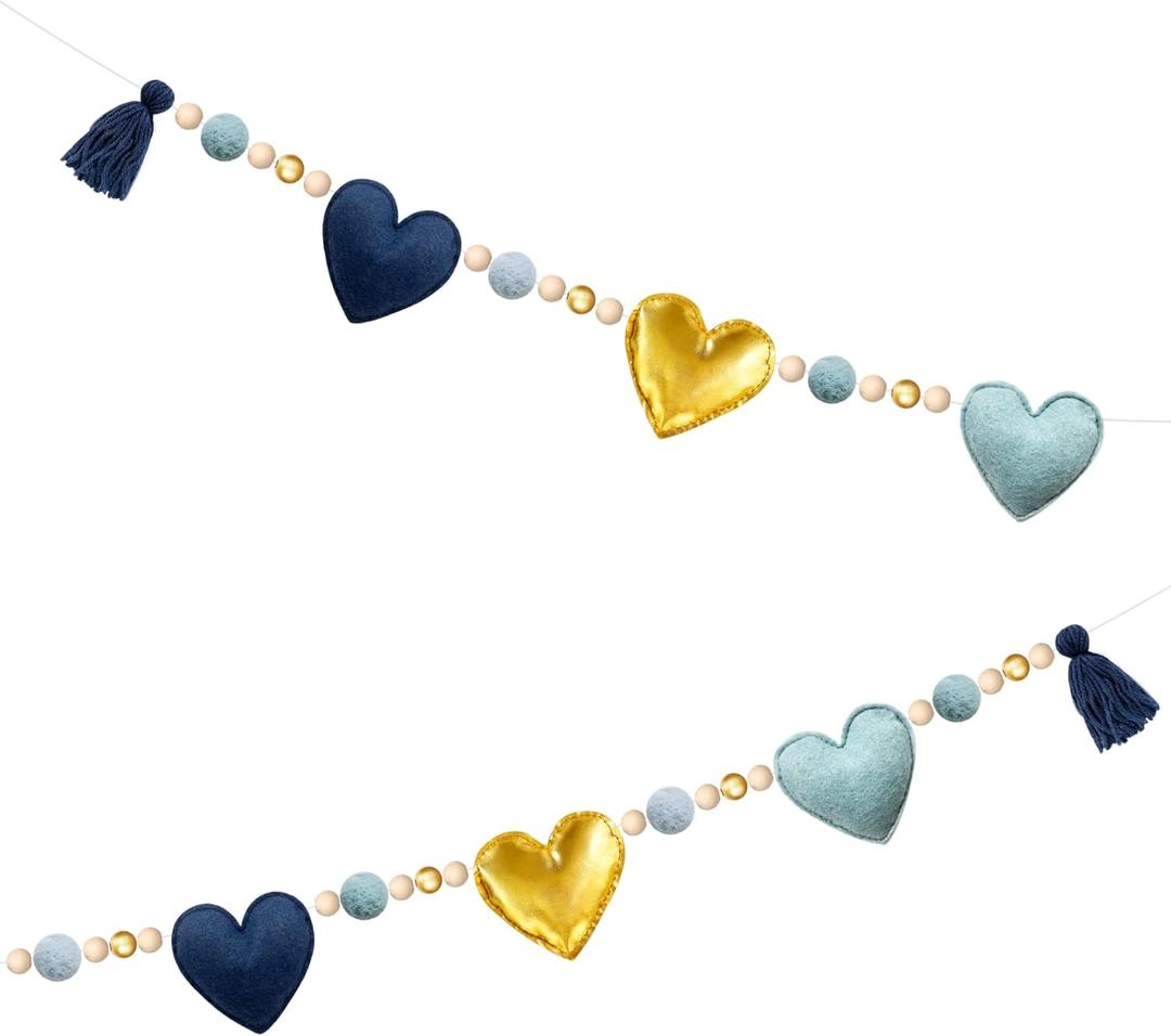 Dusty Blue Gold Heart Decorations Handmade Pre-Strung Felt Heart Banner Wool Felt Ball Wooden Bead Garland for Birthday Baby Shower Anniversary Valentines Day Nursery Classroom Fireplace Home Decor