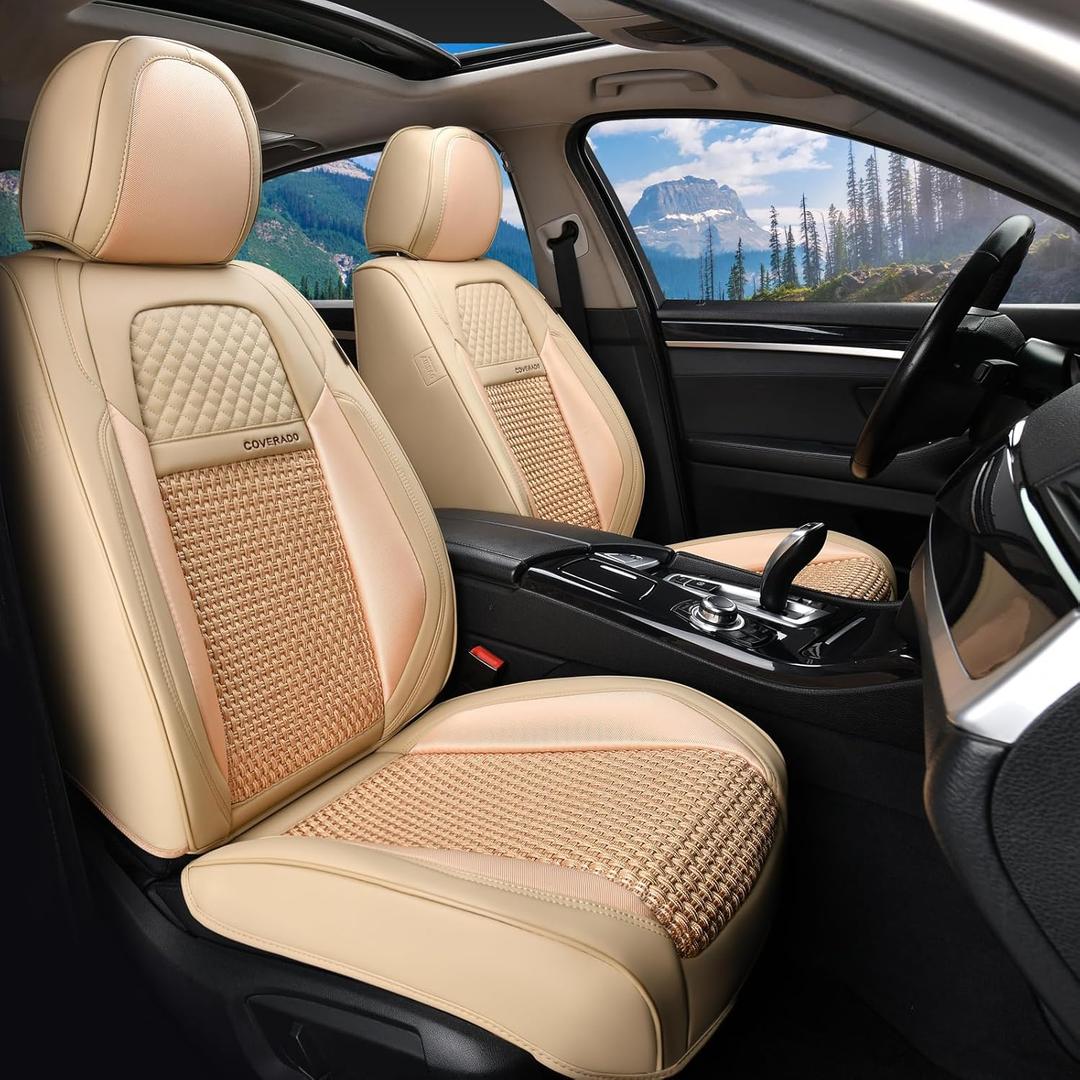 Coverado Car Seat Covers Front Seats, Waterproof Front Seat Covers Nappa Leather Seat Covers for Cars, Breathable Summer Car Seat Cushion Universal Fit for Most Cars SUV Trucks(Front, Beige)