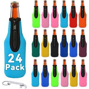 24 Pack Beer Bottle Sleeves Insulator, Thick Neoprene Sublimation Coolers Jacket with Zip-up, Keep Drink Cold Holder with Opener for Summer Parties Supplies(Multicolour)