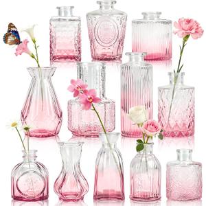 Der Rose Pink Vases Set of 12, Small Bud Vases for Flowers, Rustic Wedding Centerpieces and Home Decor
