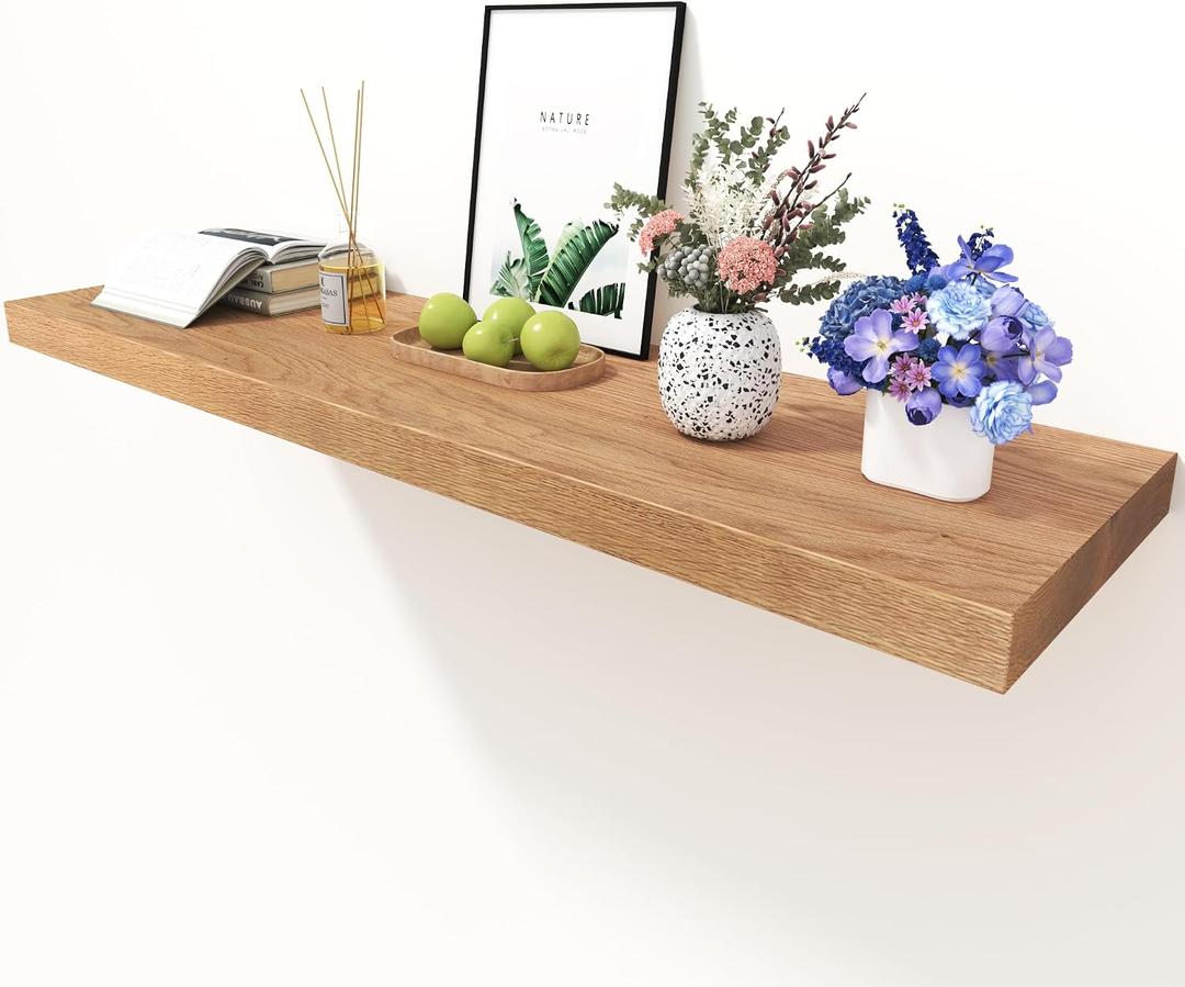 Solid Oak Floating Shelves - 36" Wide X 10" Deep Wall Shelf, Heavy Duty Floating Shelf with Invisible Brackets, Rustic Wood Shelves for Wall Decor - Natural Oak, 36 in W x 10 in D x 1.5 in H