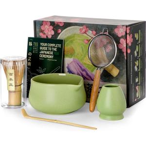 Nucookery Matcha Whisk Set - 5 Pcs Matcha Set with 18oz Ceramic Matcha Bowl (Chawan) with Spout, Bamboo Whisk & Holder, Scoop and Sifter | Complete Matcha Kit for Japanese Tea Ceremony (Moss-Kiln Celadon)