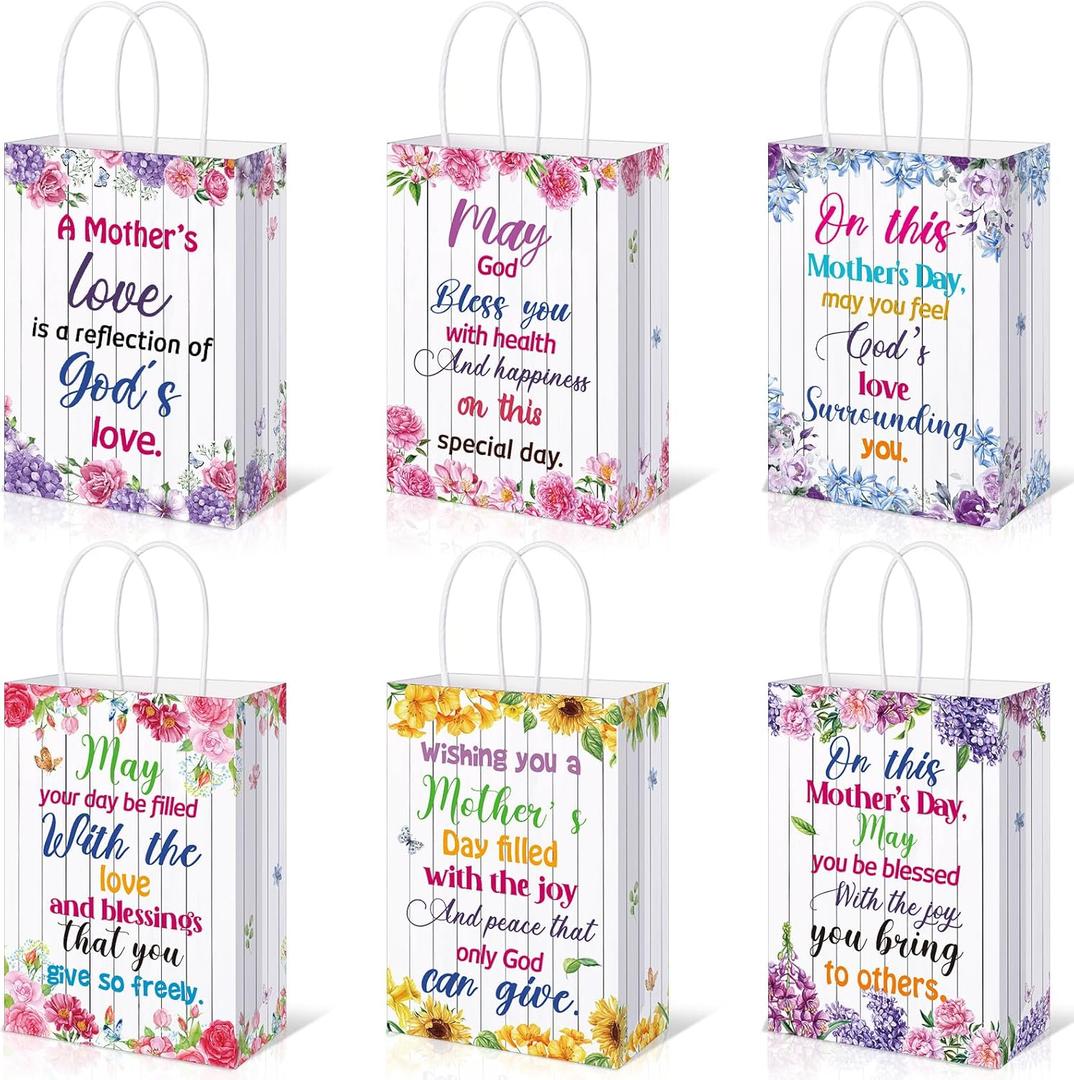 Kolldenn 12 Pack Religious Mother's Day Gift Bags Bulk, Small Paper Treat Goodies Sacks Party Favors Bag with Handle & Floral for Mom Grandma Christian Church Sunday School Party Supplies, 6x3x8