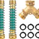 Hourleey 2 Way Hose Splitter, 3/4" Brass Hose Y Splitter with 2 PCS Garden Hose Extension Hose Coiled Spring Protectors and 6 Rubber Washers