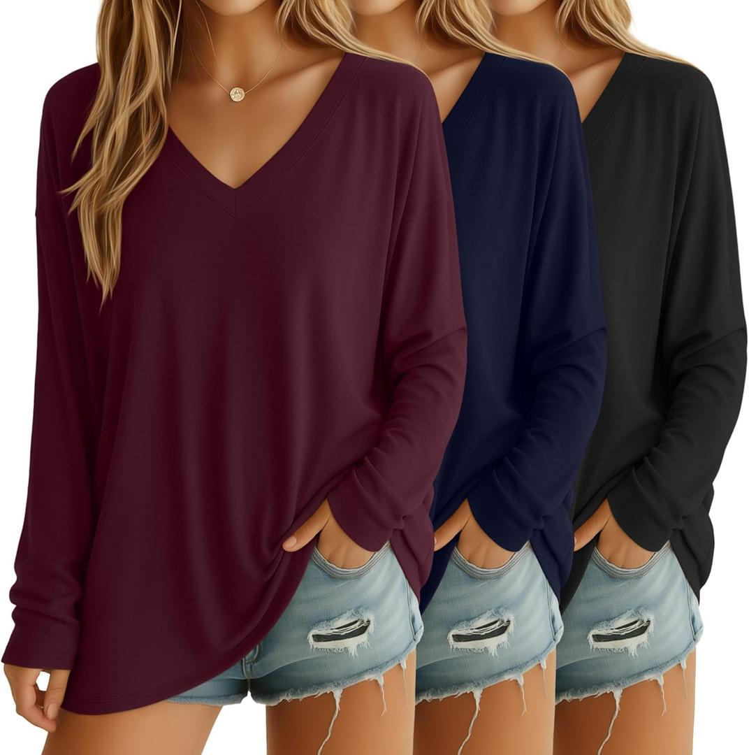 3 Pack Womens Oversized T Shirts Long Sleeve V Neck Cotton Basic Tops Loose Fit Workout Tees Fall Outfits (Medium, Black, Navy Blue, Wine Red)