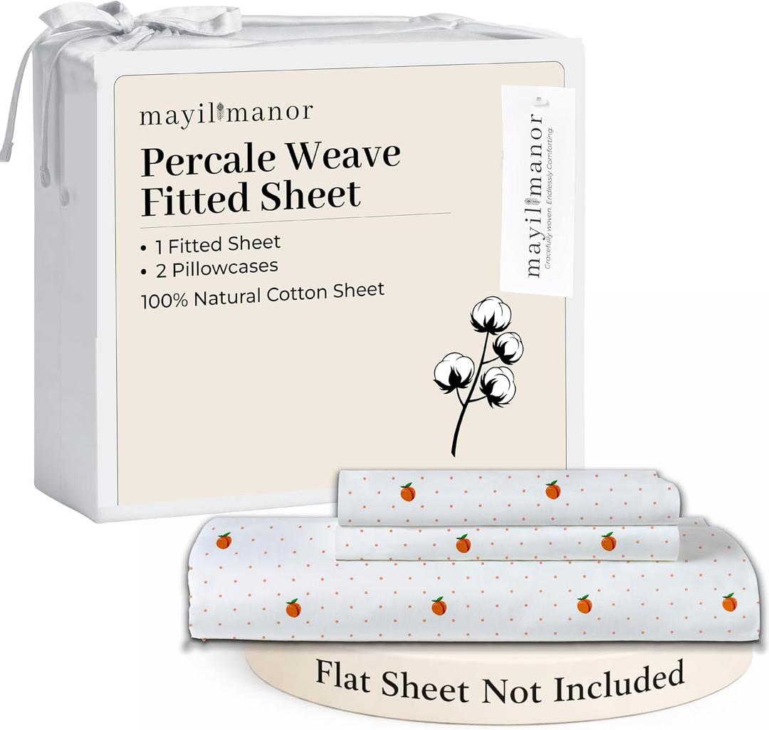 King Size Fitted Sheet with 18" Deep Pockets, No Flat - Percale Weave Natural - Breathable 100% Cotton Printed Bedding, 1 Fitted Sheet + 2 Pillowcases - Peach Dot Print