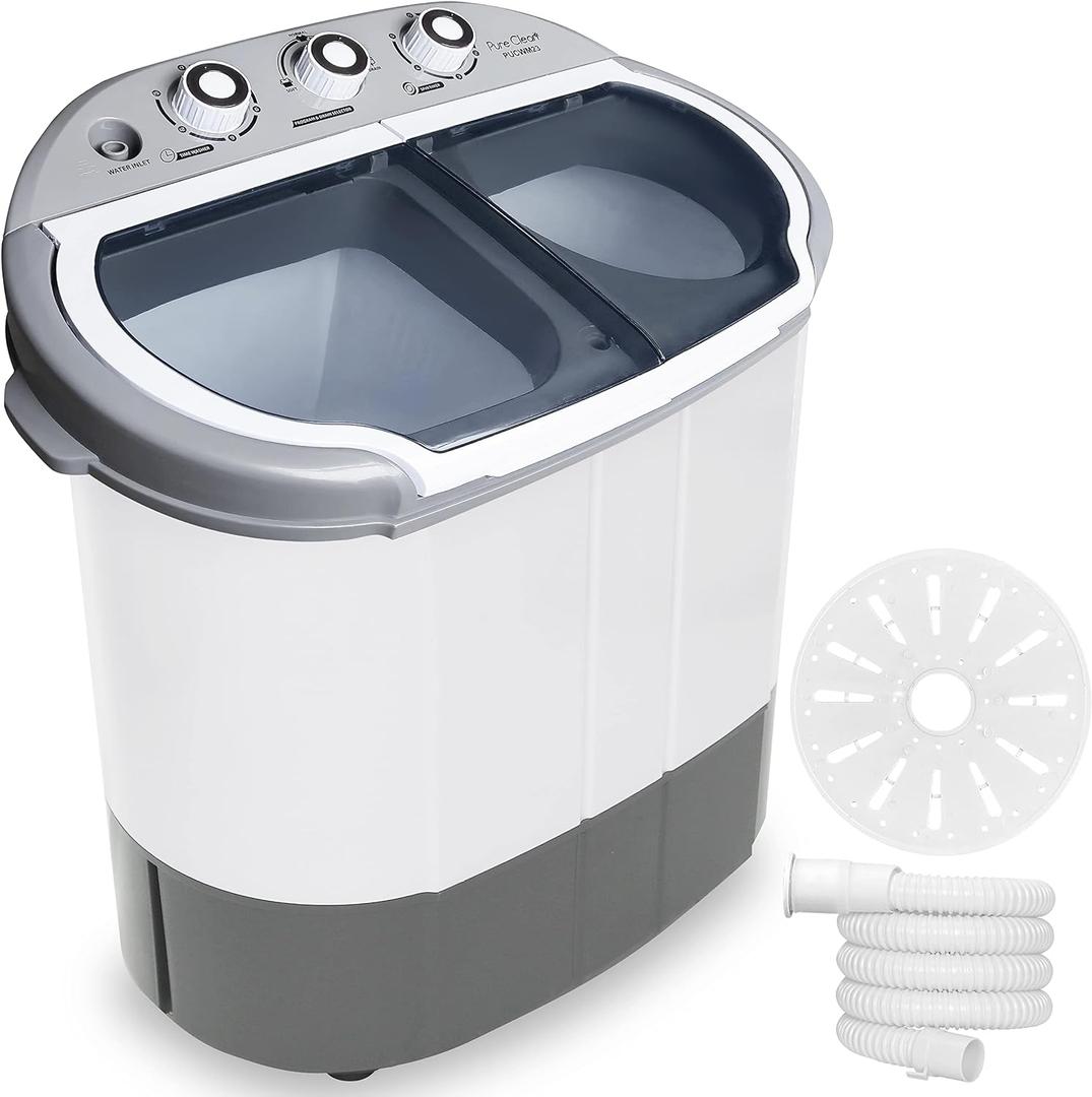 Pyle Compact Home Washer & Dryer, 2 in 1 Portable Mini Washing Machine, Twin Tubs, 11lbs. Capacity, 110V, Spin Cycle w/Hose, Translucent Tub Container Window, Ideal for Smaller Laundry Loads, Gray
