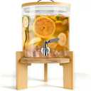 Beverage Dispenser 1.5 Gallon, Glass Drink Dispenser with Stand, Drink Dispensers for Parties, Beverage Dispenser with Wood Stand, Stainless Steel Spigot, for Parties, Bars, Restaurants (1.5 Glallons)