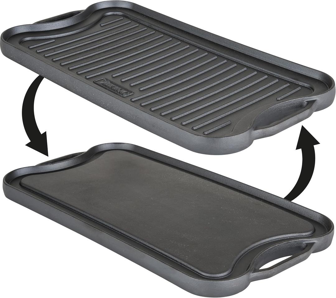 Viking Griddle, 20 Inch Reversible Cast Iron Grill Pan, Pre-Seasoned, Oven Safe, Induction Ready, Black