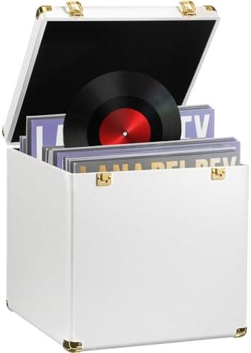 CroBlissful Large Vinyl Record Storage Case, 13 x 13 x 13 Inch for 100+ Single Records, Retro Lp Album Collection Display Box, PU Leather Water Resistant for 7/10/12 Inch Album Collection(White)