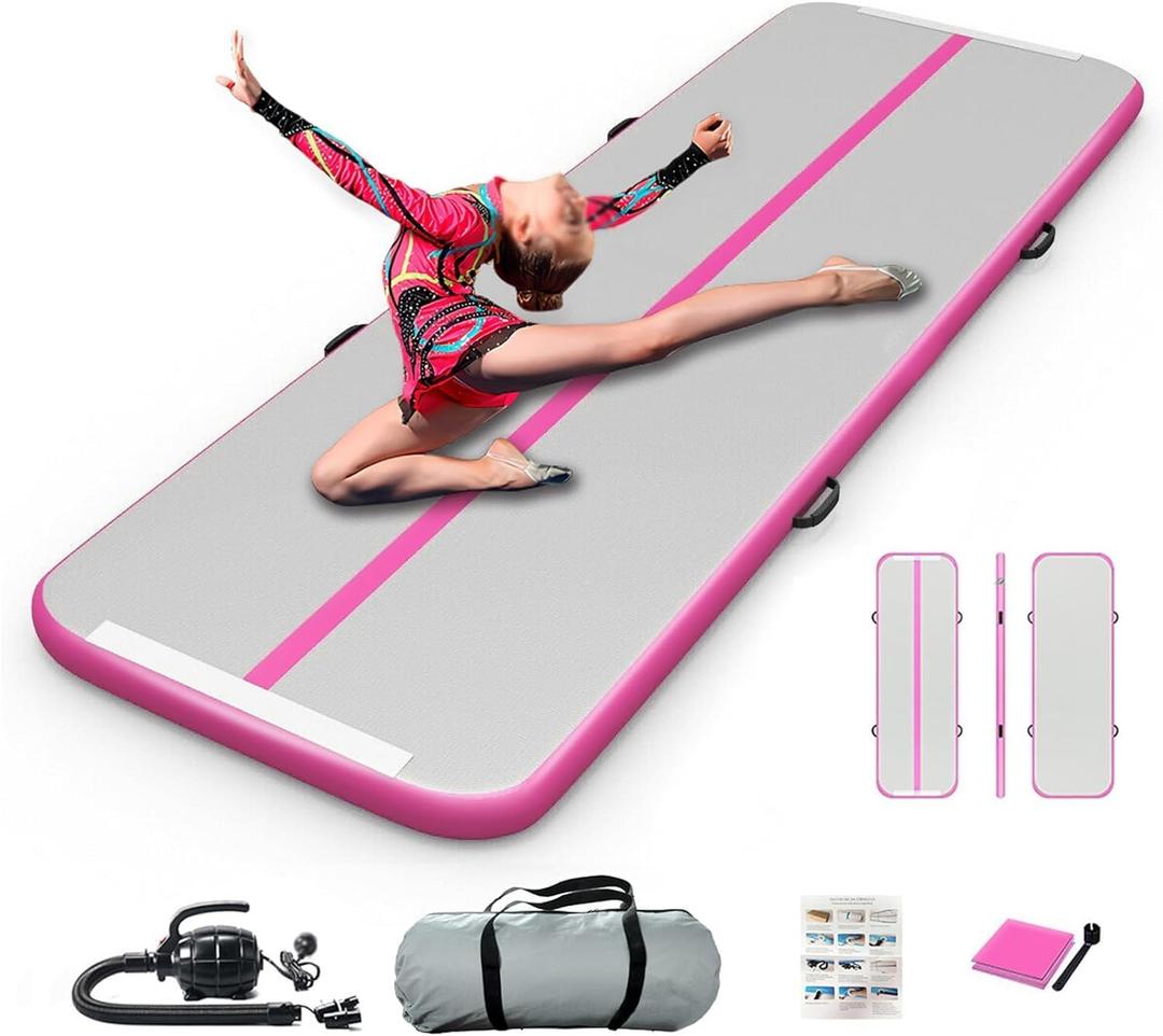 Inflatable Air Gymnastics Mat 10ft Training Mat 4 inches Thick Tumbling Track with Electric Pump for Gym/Home/Outdoor/Cheerleading/Yoga/Water (Pink)