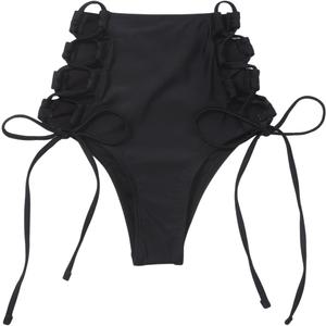 OYOANGLE Women's Tie Side Bikini Bottoms Lace Up High Waisted Bathing Suit Bottom (Medium, Black)