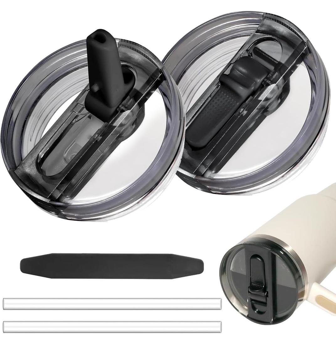 2 Pack 30 oz Tumbler Flip Straw Lid for Stanley Quencher ProTour Leak Proof Lid Replacement for Stanley H2.0 Quencher, Spill Proof Reusable Lid for Stanley Cup Accessories(Black & Black, 30 oz)