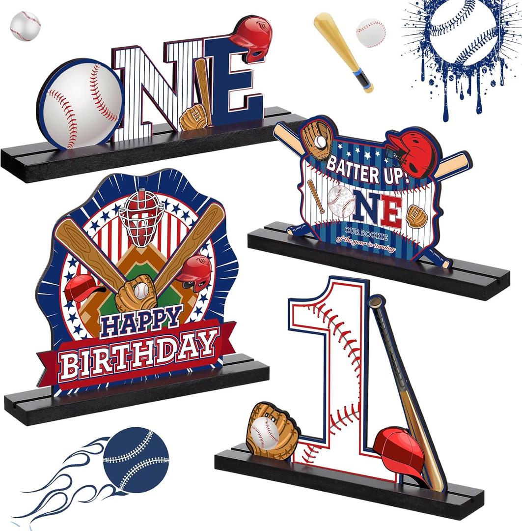 Riyiper 4 Pcs Baseball 1st Birthday Table Decorations One Letter Sign Baseball Wooden Table Centerpiece Rookie of The Year First Centerpiece for Boys One Year Old Birthday Baby Shower Photo Props
