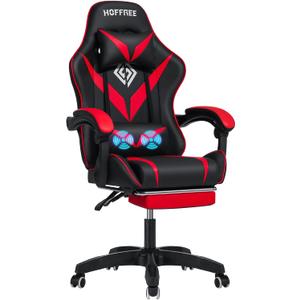HOFFREE Massage Gaming Chair for Kids Computer Gamer Chair with Footrest and Lumbar Support Reclining PC Game Chair with Headrest for Gaming Room Red and Black
