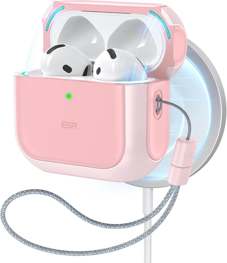 ESR for AirPods 4 Case, Compatible with AirPods 4th Generation Case (2024) (USB-C), Compatible with MagSafe, Drop Protection Cover with Lanyard, Magnetic Lid Lock, Orbit Hybrid Series, Pink