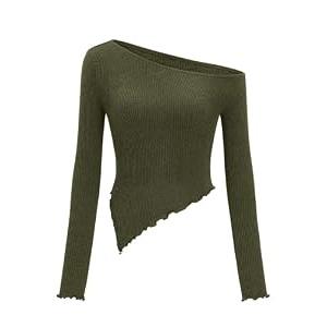 Zenlonr Womens Long Sleeve Shirts Fall Outfits 2025 Off The Shoulder Tops Asymmetrical Fitted Knit T Shirts Going Out Tops(Army Green, XX-Large)