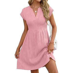 ANRABESS Women's Summer V Neck Cap Sleeve Tunic Short Dress 2025 Casual Fit Textured Aline Beach Vacation Sundress Pink Small
