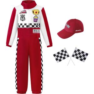 Race Car Driver Costume Boy Girl,Kid Racer Jumpsuit with Car Cap,Toddler Racing Costume Halloween with Accessories (110/XS, Red)
