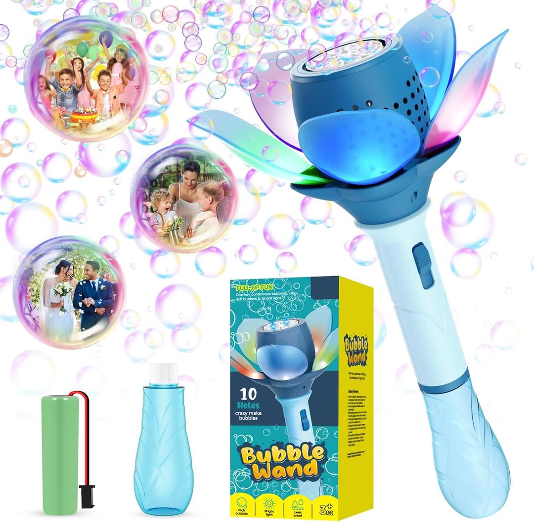 Electric Bubble Wand for Kids, Automatic Bubble Machine 10000+ Bubbles Per Minute with Battery/Lights/120ml Solution, Light Up Flower Bubble Wand Bubble Toys for Summer Outdoor Party Wedding (Blue)