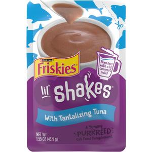 Purina Friskies Pureed Cat Food Topper, Lil’ Shakes With Tantalizing Tuna Lickable Cat Treats - (Pack of 16) 1.55 oz. Pouches (EXP 02/01/26)