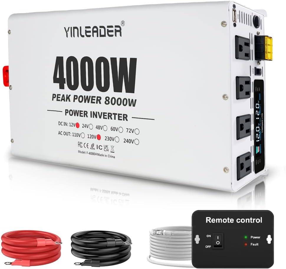 4000W Power Inverter 12V to 110V/120V, Solar Inverter Remote for RV Camping Off-Grid Solar Inverter Systems
