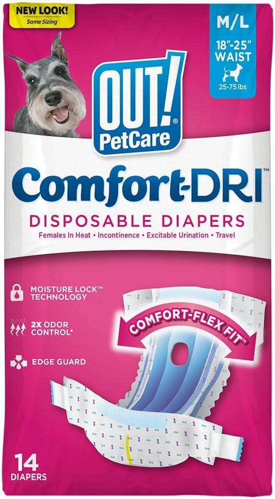 OUT! Petcare Disposable Dog Diapers Female, Potty Training, Female Dog Diapers, Puppy Training, Pet Supplies, For Incontinence, Puppy Essentials, 18-25 Waist, Medium/Large, 14 Count