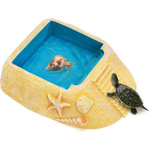 Hermit Crab Water Bowl with Climbing Ramp, Medium Reptile Water Bathing Pool Food Dish, Tortoise Habitat Aquarium Tank Accessories for Turtles, Lizard, Frog, Gecko