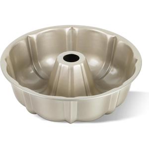 TeamFar 10 Inch Nonstick Cake Pan, 10 Cups Fluted Tube Cake Pan for Baking, Heavy Duty Carbon Steel Round Baking Tray for Making Jello/Monkey Bread/Chocoflan, Non Toxic, Easy Clean-Champagne Gold