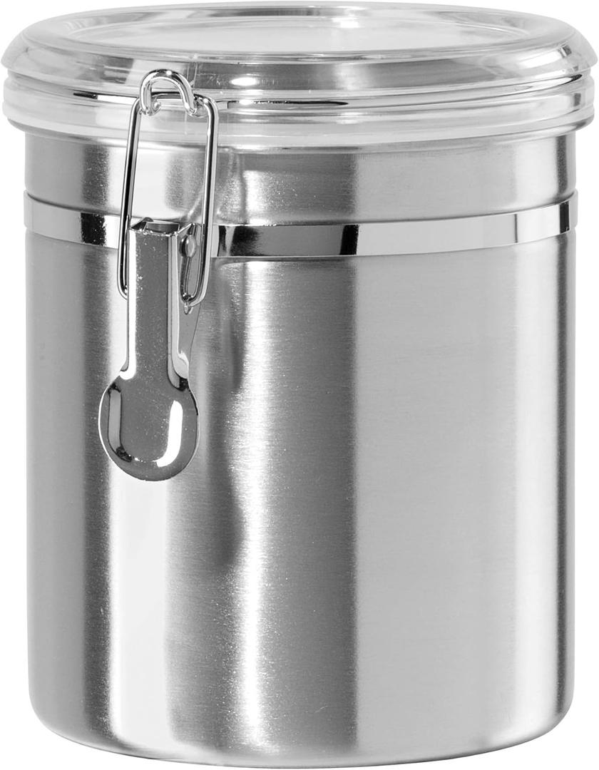 OGGI Stainless Steel Kitchen Canister 52 fl oz - Airtight Clamp Lid, Clear See-Thru Top - Ideal for Kitchen Storage, Food Storage, Pantry Storage. Large Size 5" x 6". (47-ounce)
