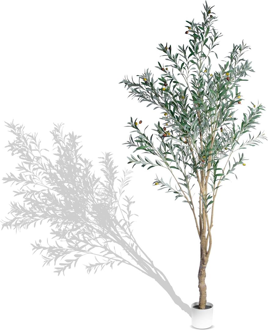 Olive Trees Artificial Indoor, 8ft Tall Faux Olive Tree with Natural Wood Trunk, Realistic Leaves & Fruits, Tall Artificial Plants Indoor, Fake Plants for Home, Office, Living Room Decor