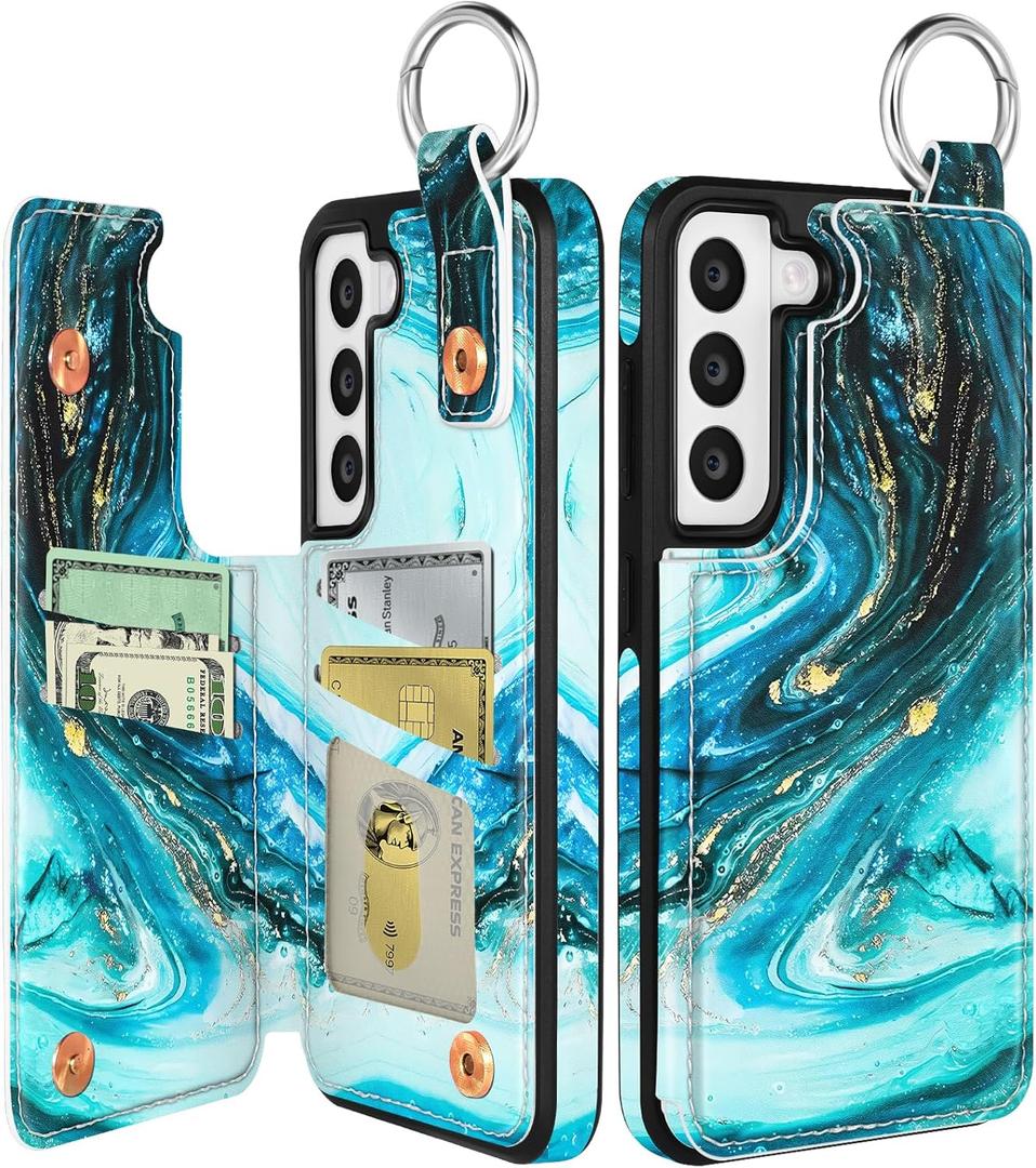 Shorogyt for Samsung S22 Wallet Case with Card Holder - Cute for Women Men Girls Designer Cyan Pattern Kickstand Magnetic Clasp Back Flip Folio Leather Phone Cases for Galaxy S22