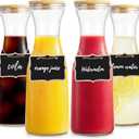 Glass Carafe with Bamboo Lid, Round 35 Oz Beverage Dispensers Carafe, Mimosa Bar Supplies, Clear Glass Pitcher with Name Labels for Iced Tea, Coffee, Juice(Set of 4)