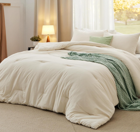 Bedsure Oversized King Comforter Set, Prewashed Bedding Cream
3-Piece, 120"x98", GentleSoft, Built to last, all season, bedding, comforter set, warm yet light, gift choice, OEKO-TEX