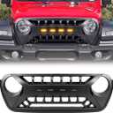 Front Grill Compatible with 2018-2025 Jeep Wrangler JL Gladiator JT, Matte Black Armor Grille with Amber Lights and Camera Bracket