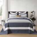 Cotton King Bedspread 120"x120" - Oversized Quilt Set with Pillow Shams, Lightweight Blue White and Gray Striped Bed Spread Coverlet, Modern Quilted Reversible Bedding Cover