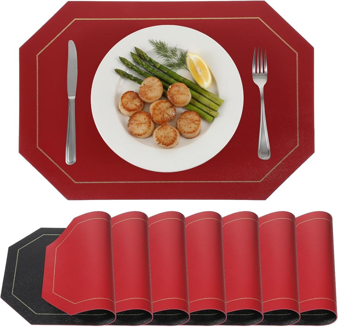 Reversible Placemats Set of 8, Double-Sided PU Leather Heat Resistant Table Mats - Black & Red Color Flip Design for Dining Table, Wedding, Coffee Shop Decor